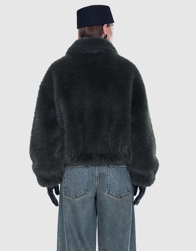 Daphne Faux Fur Bomber in Olive - Image 3