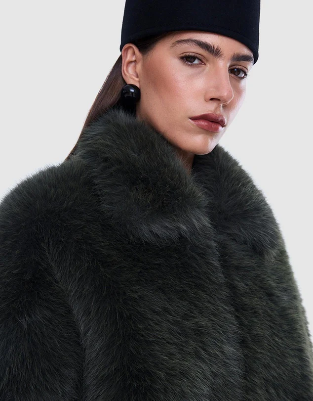 Daphne Faux Fur Bomber in Olive - Image 4