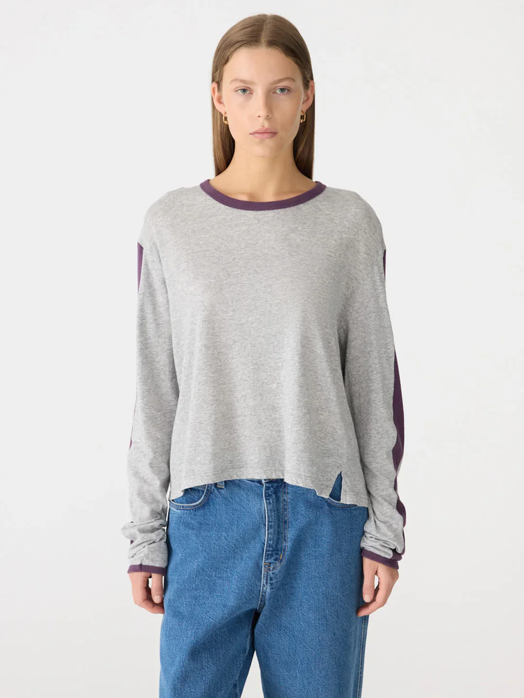 Racer Sleeve Long Sleeve T-Shirt in Grey/Marle - Image 2