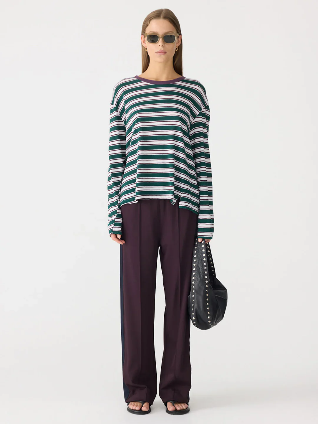 Stripe Boyfriend Long Sleeve T-Shirt in Burgundy/Forest