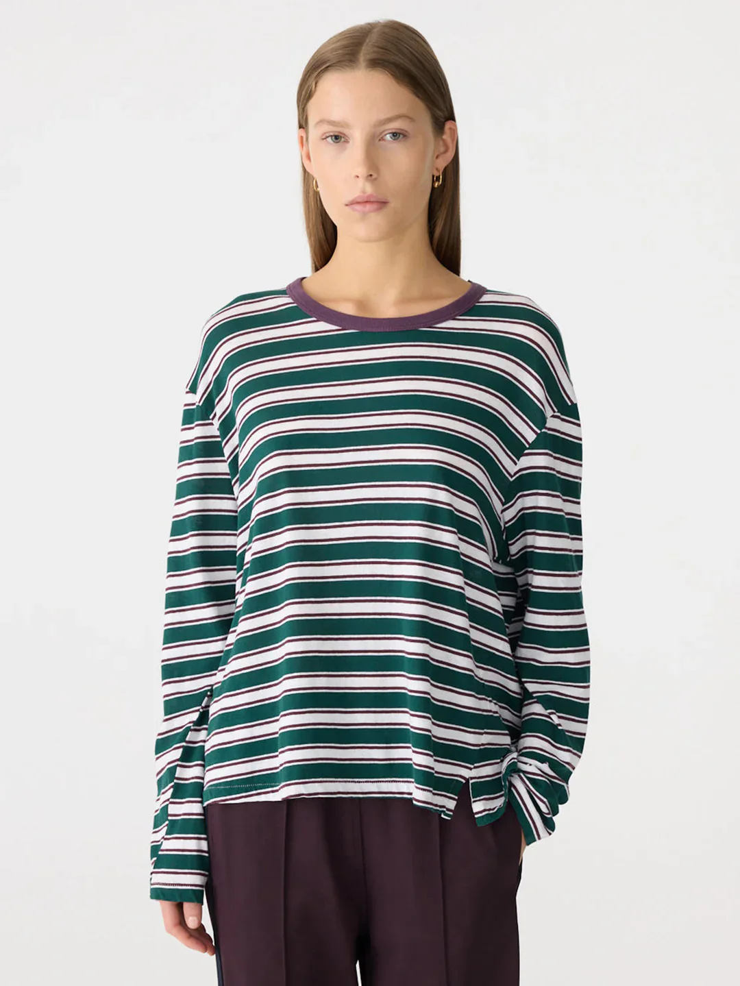 Stripe Boyfriend Long Sleeve T-Shirt in Burgundy/Forest - Image 2